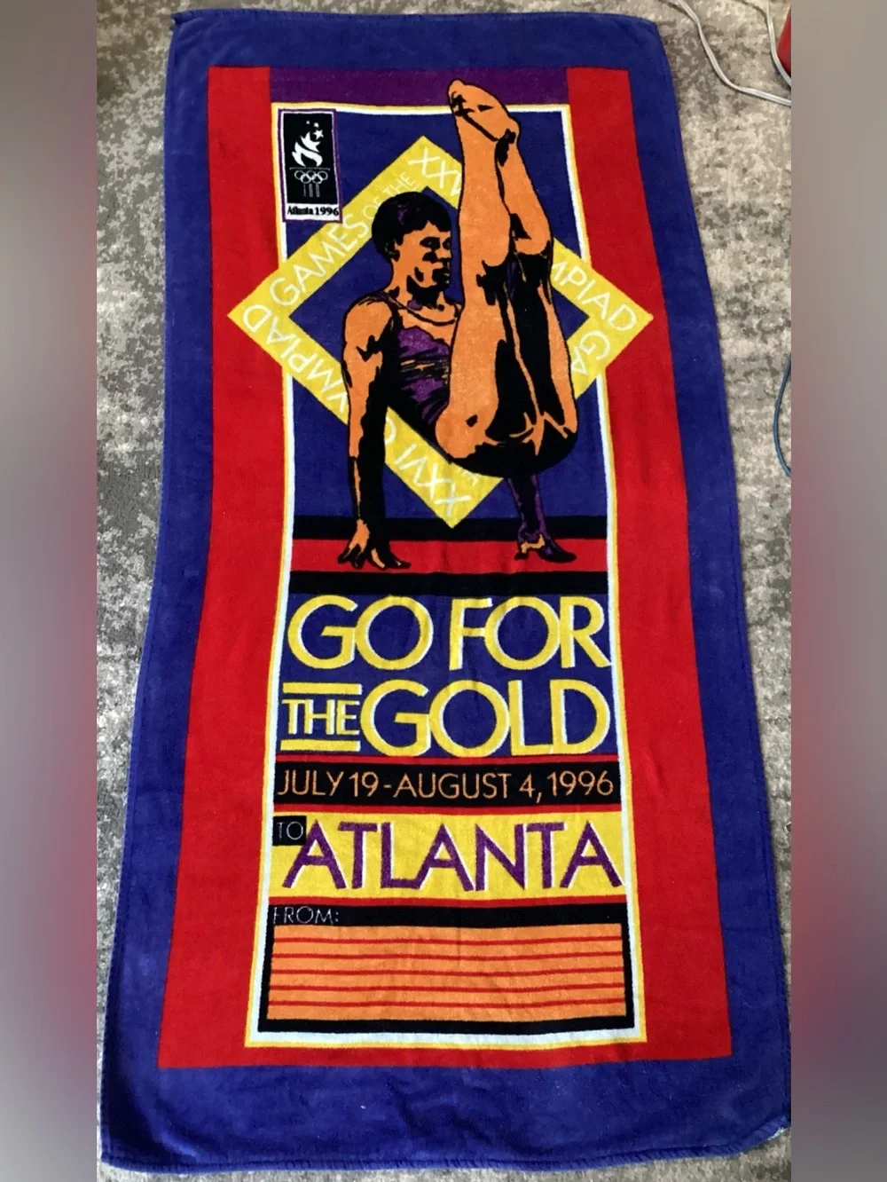 Vintage Olympics 1996 Beach Towel Atlanta Olympics GO FOR THE GOLD Cotton Cannon